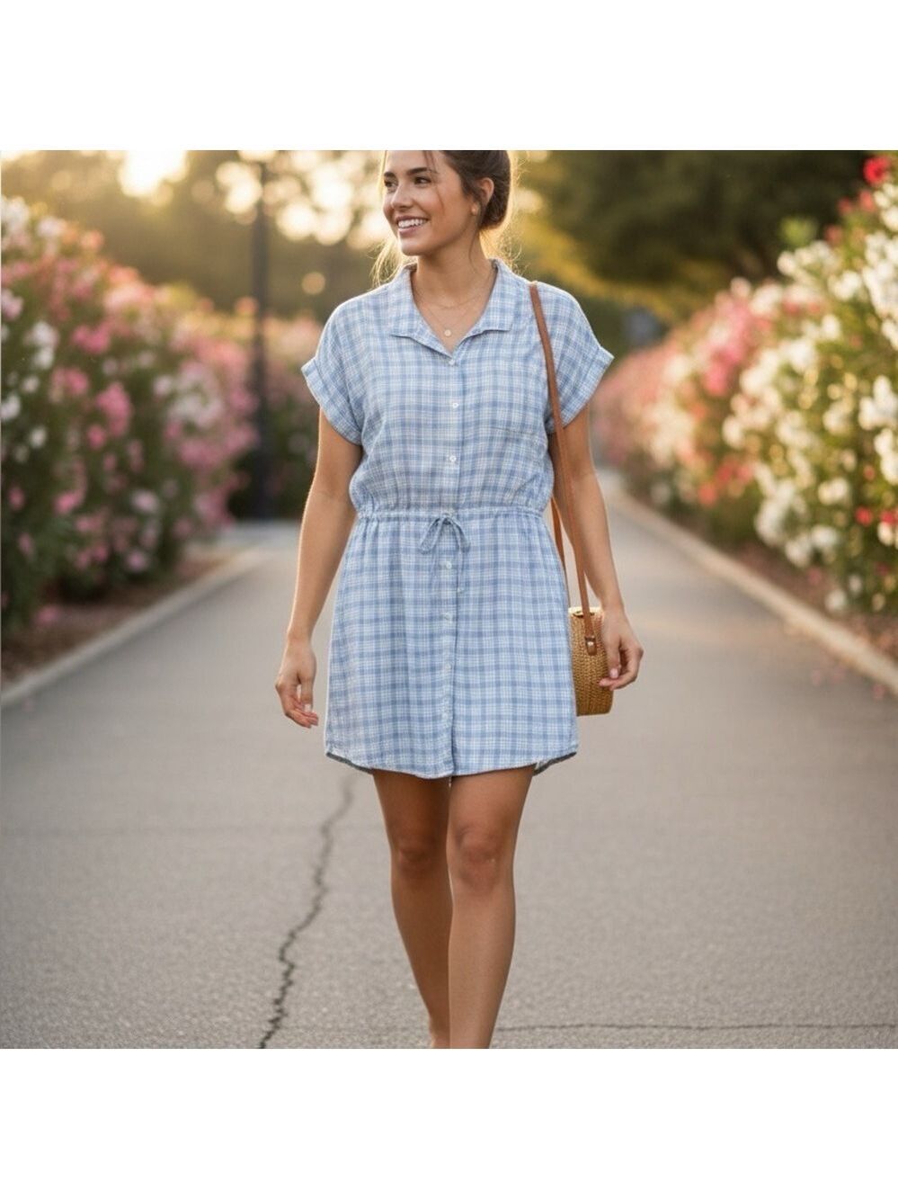 JAPNA 100% Cotton Plaid Short Sleeve Shirt Dress Button Front Hi-Lo Hem Sz XL